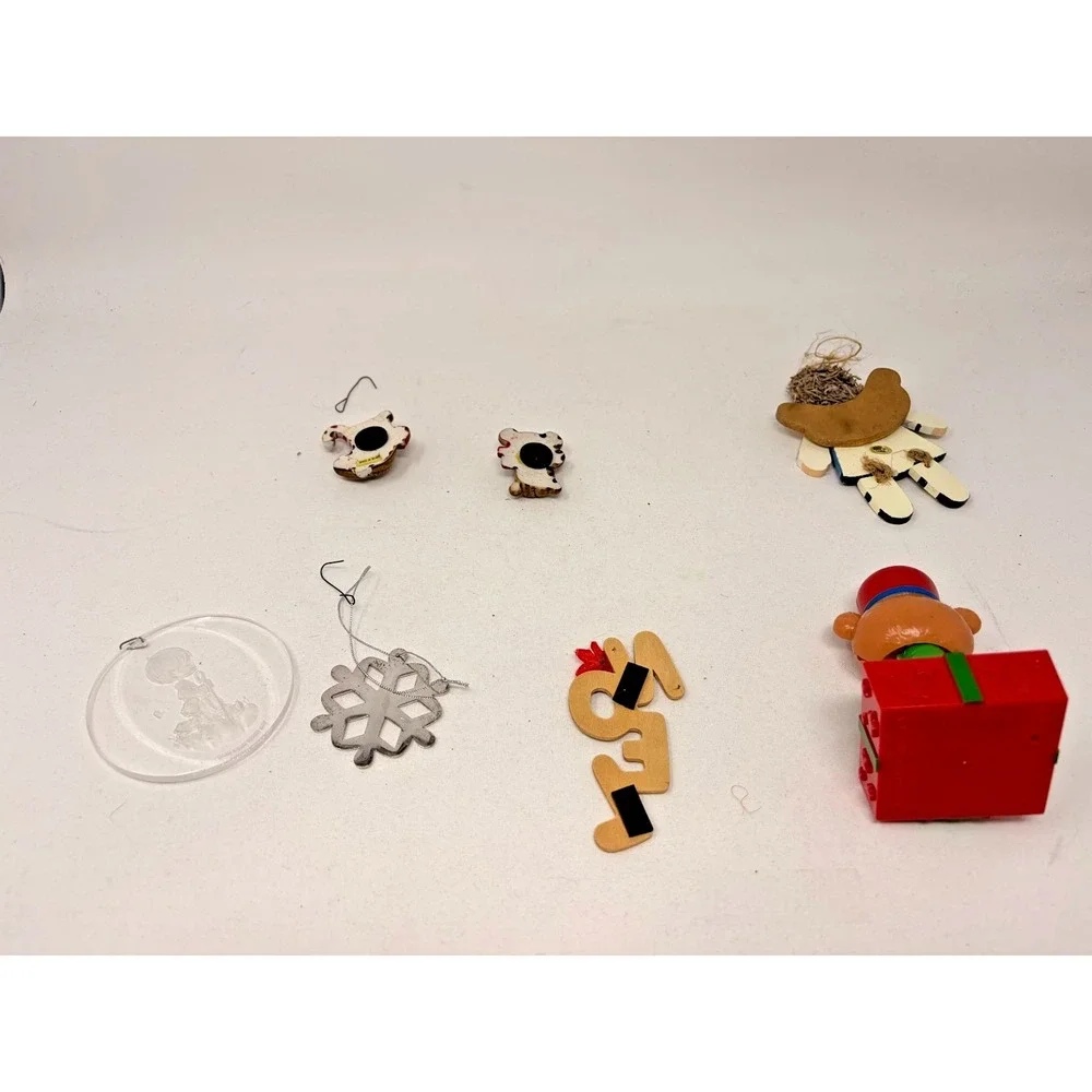 Vintage Christmas Ornament Lot Teddy Bear Drummer Angel Noel Snowflake 7 Pc